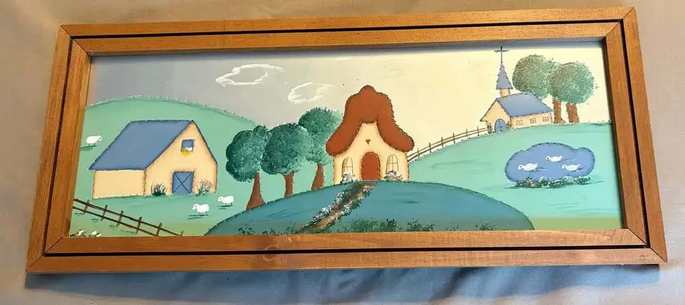 Primitive Folk Art Country Landscape Wall Hanging with Barn, Cottage, and Church